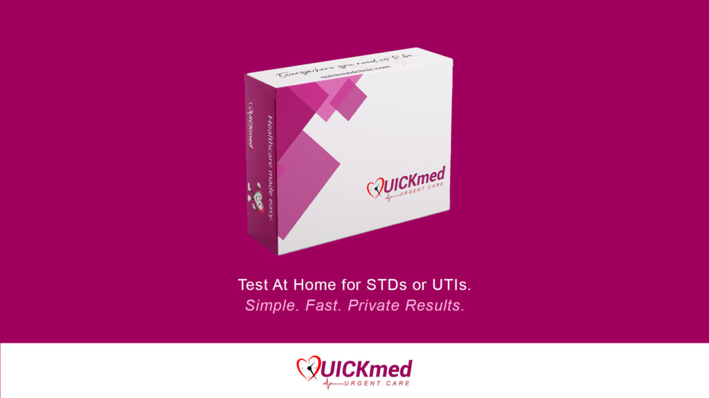 Image of mailer box with text that says "Test at home for STDs or UTIs. Simple. Fast. Private results."