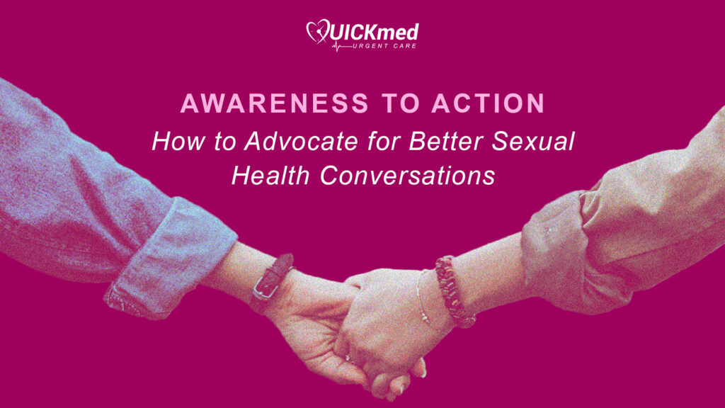 QuickMed helps people advocate for better sexual health conversations, showing two outstretched arms holding hands
